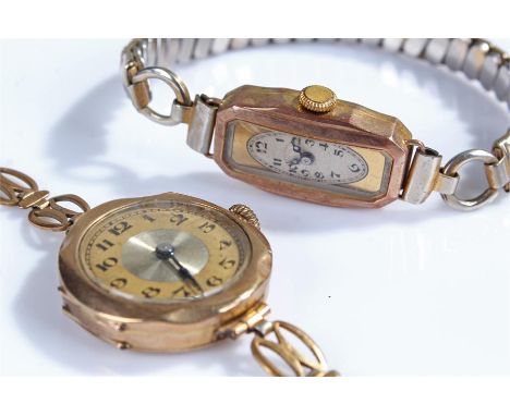 9 carat gold wristwatch, with Arabic hours, manual wound, together with another 9 carat gold cased example with Arabic hours,