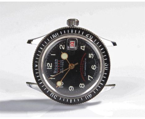 Rouan De Luxe Sea Timer stainless steel gentleman's wristwatch, the signed black dial with date aperture and black bezel and 