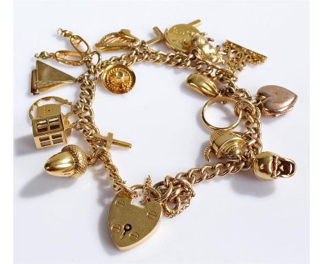 9 carat gold charm bracelet, to include a kettle, boat, lantern, acorn, etc, 33 grams