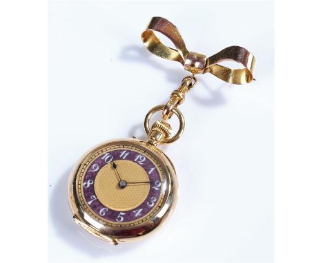 18 carat gold ladies fob watch, the gold case with gilt dial and purple enamel chapter ring with white Arabic hours, the case