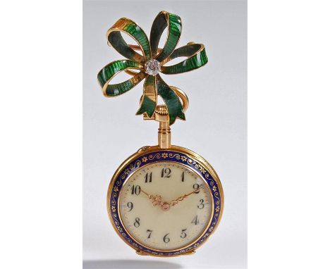 18 carat gold and enamel open face fob watch, the blue enamel surround with gold back, a white enamel dial with Arabic hours,