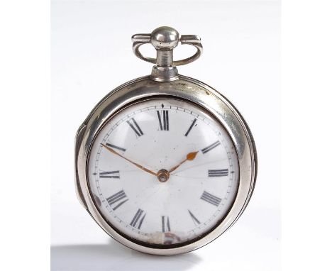 George III silver pair case pocket watch, the silver pair case with white enamel dial, Roman hours, signed movement F Symmons