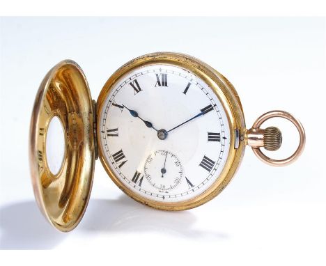 9 carat gold half hunter, the outer blue enamel chapter ring with an enclosed white enamel dial, Roman hours and subsidiary s