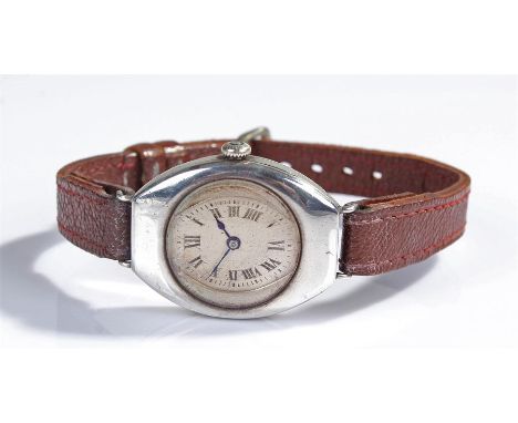 Silver cased wristwatch, the shaped silver case with a silvered dial and Roman hours, manual wound, case 25mm diameter 