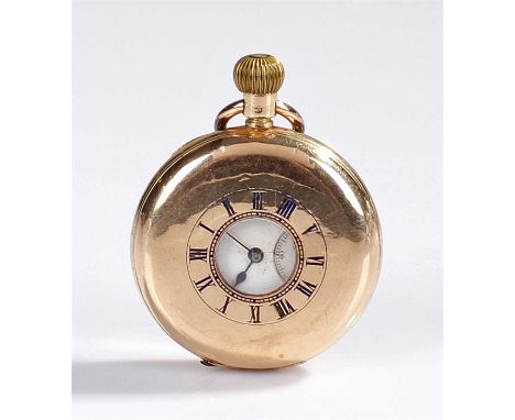 14 carat gold plated half hunter pocket watch, the outer blue enamel dial enclosing the white enamel dial with subsidiary sec