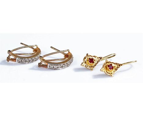 9 carat gold pair of earrings, with a stone set arch, together with another pair with central ruby, (2)