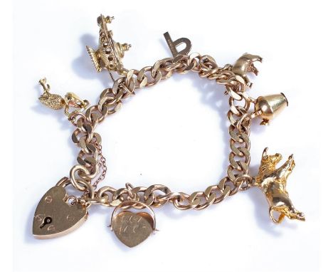 9 carat gold charm bracelet, with various charms to include a lantern, animals, a heart, a letter P and a vessel, with a padl