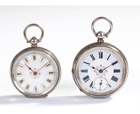 Two silver open face pocket watches, the first with a white enamel dial and Roman hours, case 38mm diameter, the second with 