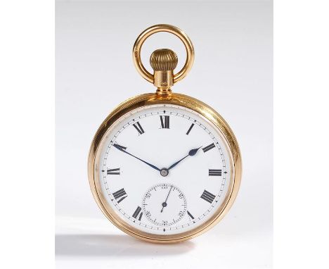 18 carat gold open face pocket watch, the white enamel dial with subsidiary seconds, crown wound, 50mm diameter 