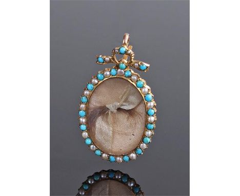 Victorian pearl and turquoise pendant locket, the oval pendant with bow surmount, 35mm high