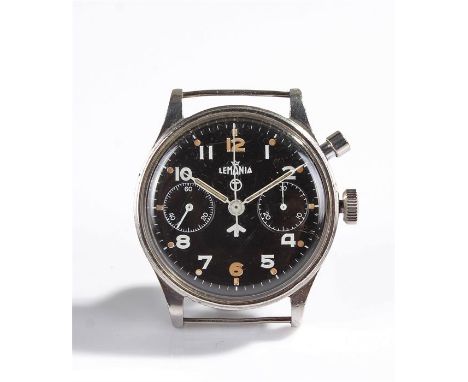 Lemania stainless steel gentleman's military wristwatch, the signed black dial with Arabic luminous hours, two subsidiary dia