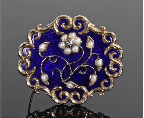 19th Century mourning brooch, of large proportions, with a blue enamel front with diamond and pearl flower swag, hair locket 