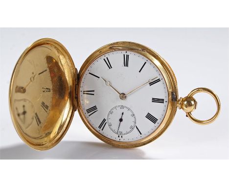 18 carat gold hunter pocket watch, Hawley & Co, 123 Regent Street, London, number 15644, the turned engine case with internal