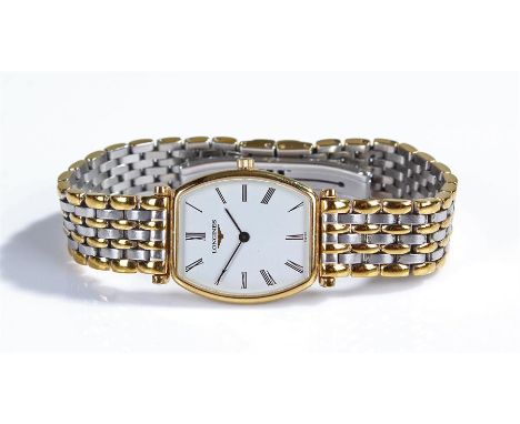 Longines bi-metal ladies wristwatch, the signed white enamel dial with Roman hours, shaped rectangular dial and bi-metal stra