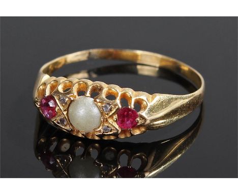 18 carat gold pearl, ruby and diamond ring, with a central pearl flanked by diamonds and rubies, ring size R