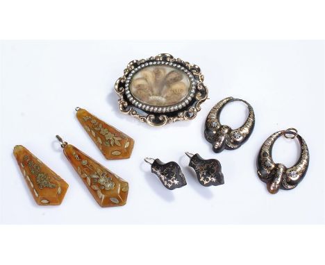 19th Century jewellery, to include two pairs of tortoiseshell and gold inlaid earrings, three tortoiseshell and gold inlaid p