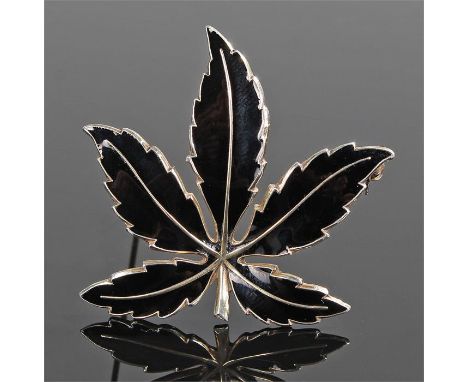 Norwegian enamel and silver brooch, maker Barnard Meldahl, in the form of a black leaf, 47mm diameter 