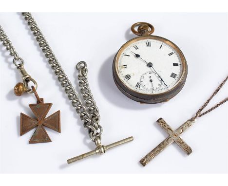 Gun metal open face pocket watch, with a white enamel dial and Roman hours, together with a watch chain, another chain and cr