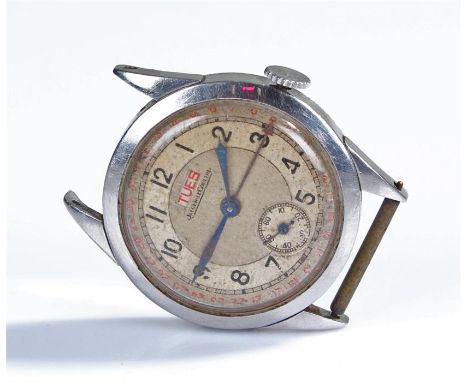 Jaegar Le Coultre stainless steel gentleman's wristwatch, the signed silvered dial with Arabic hours, day aperture and subsid