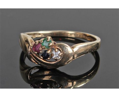 9 carat gold multi gemstone ring, the cross over ring set with emerald, diamond, sapphire and ruby, ring size O