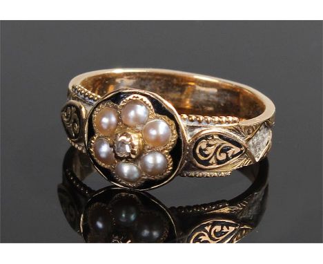 19th Century yellow metal enamel and pearl ring, the head with pearls to form a flower head with black enamel ground, ring si