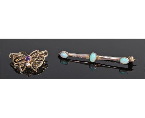 9 carat gold and opal brooch, set with three oval opals, together with an amethyst and diamond butterfly brooch, (2)