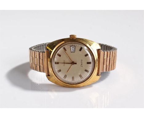 Timex Electric gold plated gentleman's wristwatch, the silvered signed dial with baton hours and subsidiary date, rectangular