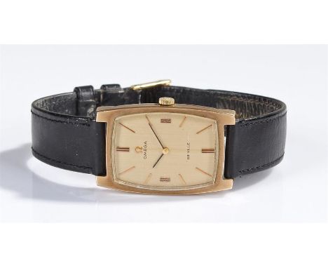 Omega De Ville 9 carat gold gentleman's wristwatch, the signed champagne dial with baton markers, arched rectangular case, ma