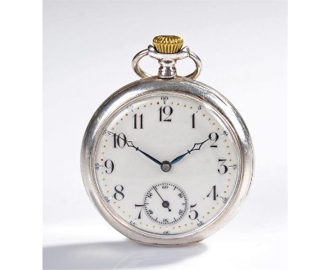 Omega silver open face pocket watch, the white enamel dial with Arabic hours and subsidiary seconds dial, signed inner moveme