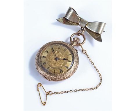 9 carat gold open face pocket watch, the gilt dial with Roman hours, C scroll and foliate decorated case, the case 30mm diame