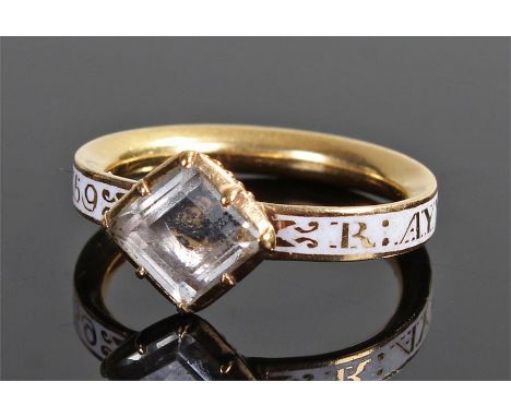 Fine 18th Century rock crystal enamel and gold mourning ring, circa 1761, the rock crystal head with internal enamel skull, t