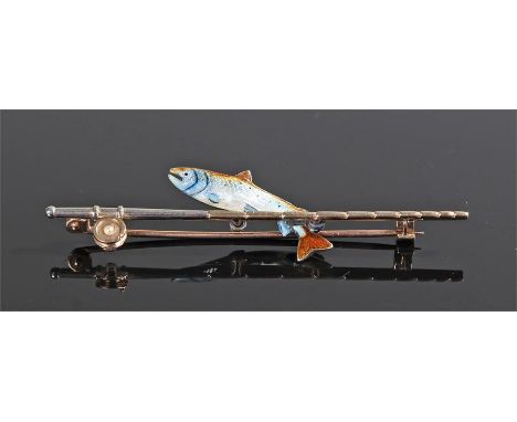 Unusual silver, 9 carat gold and enamel brooch, with an enamel salmon leaping above the fishing rod, 62mm long, cased