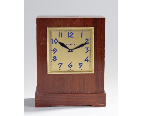 Zenith money box desk clock, the square signed dial with blue Roman numerals, Medor Patent movement, 21cm high