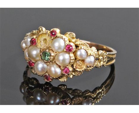 Victorian pearl emerald and ruby ring, the flower head design ring with pearl set shoulders, ring size P