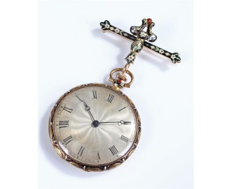 Le Roy et Fils gold and enamel open face pocket watch, the silvered dial with Roman hours, the foliate enamel back with multi