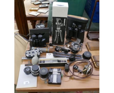 Collection of camera equipment together with 2 pairs of binoculars and theodolite prism 