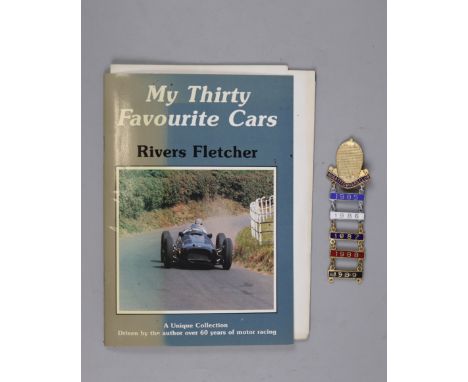 Bugatti owners club lapel badge from ex-racing driver Rivers Fletcher &amp; a copy of his book 'My Thirty Favourite Cars' 