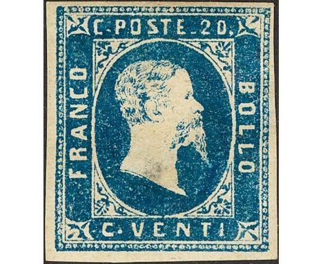 Italy. Sardinia .*2. 20 cts blue first Issue (thinned, but still extraordinary). VERY RARE. Cert. RAYBAUDI. (Sassone 2a, 15.0