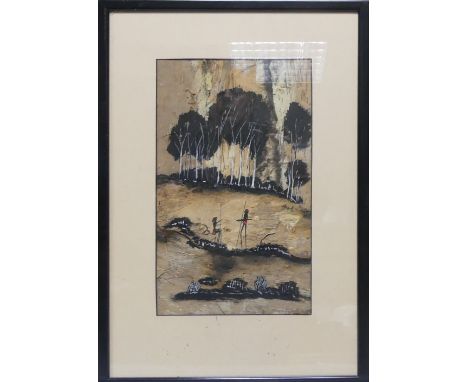 20th Century Aboriginal Bush Bark Landscape. Framed behind glass. Size incl. frame, Height: 44cm Width: 55cm
