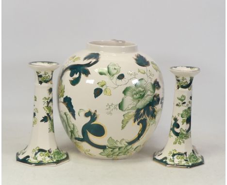 Masons, Chartreuse Pattern Large Ginger Jar and Two Candlesticks (3)