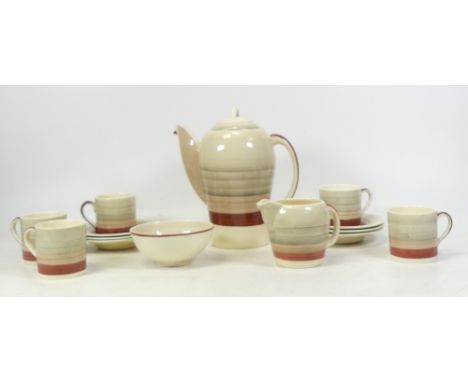 Susie Cooper for Crown Works Burlsem, Red Wedding Band 14-piece coffee set. Missing on coffee cup. (1 Tray)