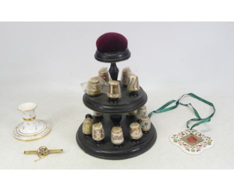 Royal Crown Derby, Thimble Set on Stand, Imari Tie Clip, small candlestick and hanging ornament (4)