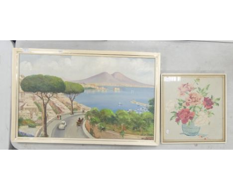 D. A. Cox?, 20th Century Bay Scene. Oil on canvas. In mid-century white and gilt frame together with small floral embroidery.