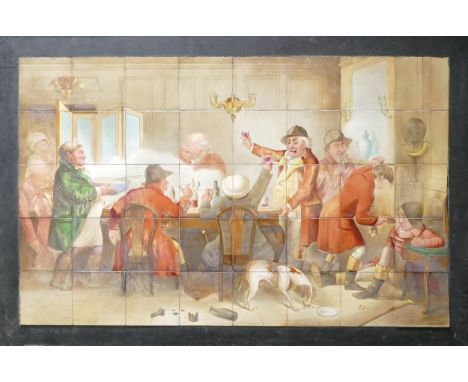 A Minton Hollins &amp; Co. multi tile panel, hand painted with humorous huntsman drinking scenes, signed Minton Hollins &amp;