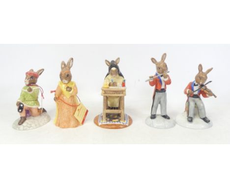 Five Royal Doulton Bunnykins figures to include Romeo DB284, Juliet DB283, The Flute Player DB391, The Violinist DB390 and Si