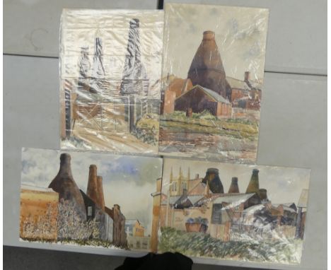 Dorothy HOWSE (Local Artist, 20th Century) Four Signed artworks featuring Kilns of Stoke-on-Trent. Longton, Burslem and Longp