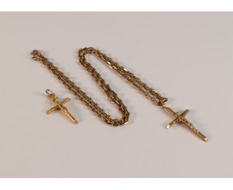 Two 9ct gold crucifix pendants with 9ct gold 18 inch necklace, 10.3g. (3)