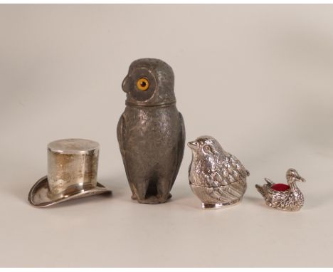 Silver novelty Chick with hinged lid, Silver Swan pin cushion, Top Hat, 47g and metal Owl salt pot. (4)