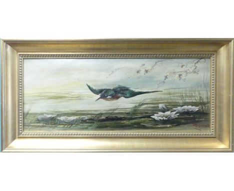 Thomas Dean (Ceramic Artist), a kingfisher in flight over water lilies and reeds. Signes T DEAN ’98. Oil on canvas. In gilt f