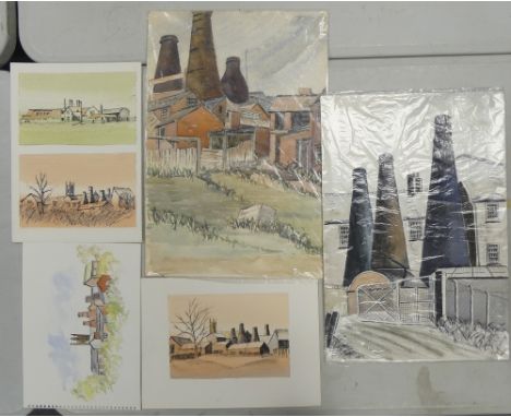 Dorothy HOWSE (Local Artist, 20th Century) Five Unsigned artworks featuring Kilns of Stoke-on-Trent etc. Unmounted on paper.